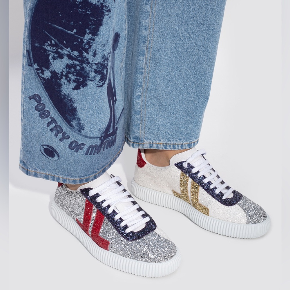 LANVIN GLEN LOW TOP SNEAKERS - SILVER/RED